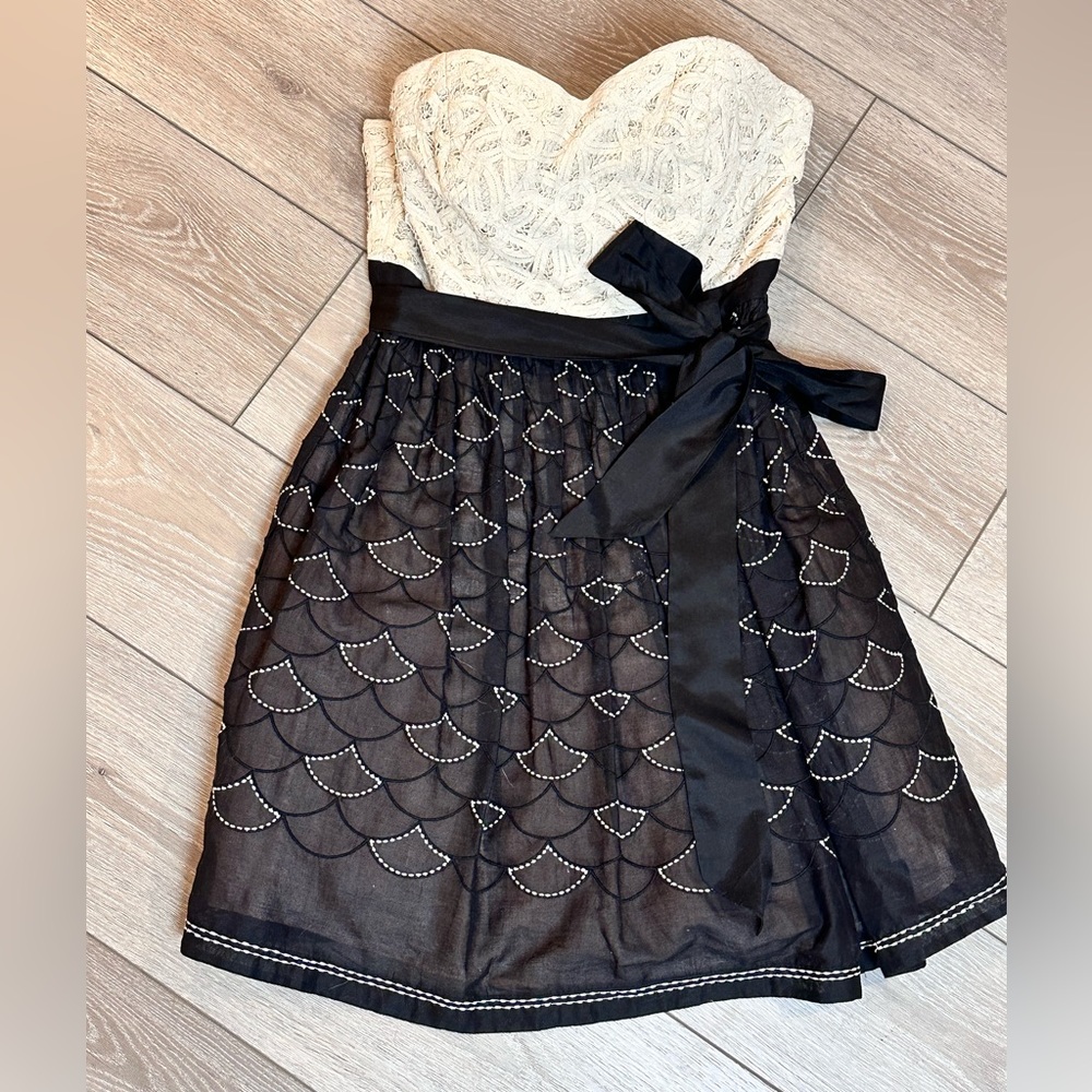 Anthropologie Strapless Dress, Black Skirting with and White Lace Corset, Size 8